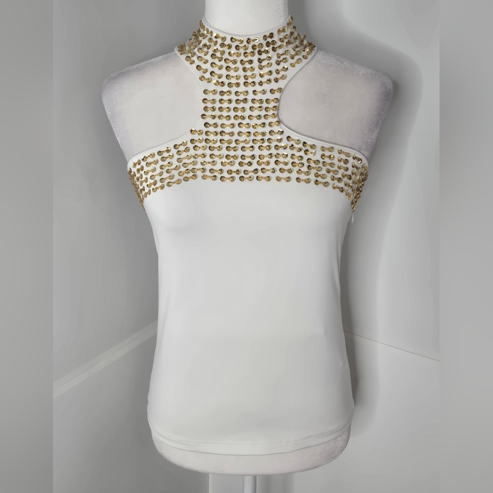 Metrostyle Vintage 90s sequin beaded halter top Small White Gold